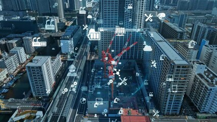 Aufkleber - Modern city construction site aerial view and Industrial technology concept. IIoT. Internet of Things. Construction tech.