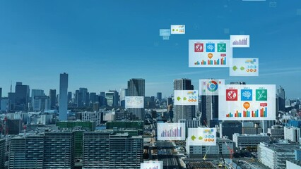 Leinwandbilder - Modern city aerial view and digital documents concept. Management strategy. Paperless work.