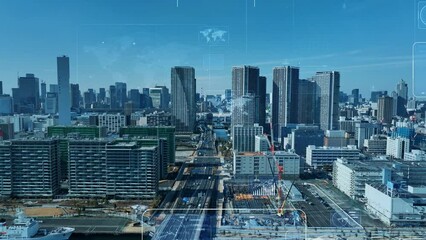 Leinwandbilder - Modern city aerial view and digital transformation concept. System engineering. GUI (Graphical User Interface).
