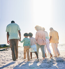 Poster - Rear view, holding hands and family at a beach for travel, vacation and holiday on summer mockup. Behind, walking and trip with children, parents and grandparents bond while traveling in Miami