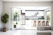 Modern living room and kitchen with white folding doors, white interior design, architect designer concept, illustration. Generative AI