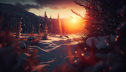 Wall Mural - Winter landscape with snowy road and trees at sunset.generative ai