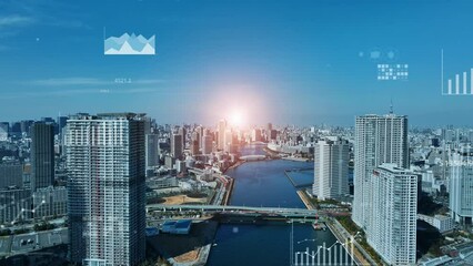 Leinwandbilder - Modern city and statistics data concept. Management strategy. Financial technology. Drone point of view.