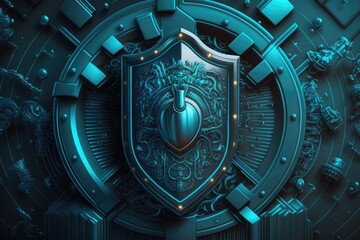 Wall Mural - Cybersecurity digital locks and shields in shades of blue and black technology background. Generative AI