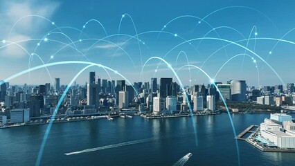 Aufkleber - Modern city and digital communication network. 5G. Internet of Things. Drone point of view.