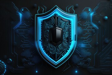 Wall Mural - Cybersecurity digital locks and shields in shades of blue and black technology background. Generative AI