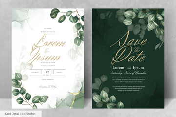 Set of Elegant Wedding Invitation Template with Eucalyptus Leaves