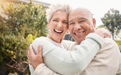 Canvas Print - Portrait, smile and senior couple hug, countryside vacation and loving together for romance, relationship and bonding. Love, mature woman and elderly man embrace, affection and quality time outdoor