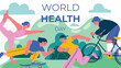 © TWINS DESIGN STUDIO - World health day concept, 7 April, background vector. Hand drawn comic doodle style of people working out, yoga exercise, skateboarding, cycling. Design for web, banner, campaign, social media post.