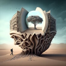 Desert With A Mountain Rock With A Door To Another World With A Tree And A Desert Surreal Fantasy