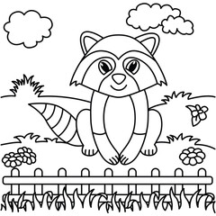 Wall Mural - Funny raccoon cartoon characters vector illustration. For kids coloring book.