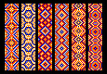 Ethnic Mexican Pixel Patterns, Mexico Mosaic Ornament Background, Vector Geometric Motif. Mosaic Tiles, Embroidery Or Embellishment Pattern With Mexican Ethnic Ornament Or Boho And Patchwork Craft