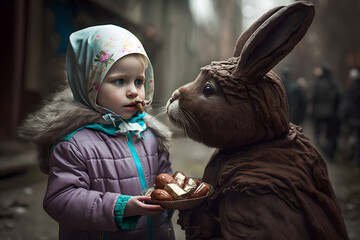 Wall Mural - A brown easter bunny goes arround and gives chocolate eggs and hope to the small children of ukraine and other war stricken places around the world, love and peace to everyone