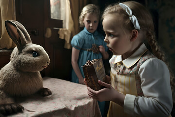 Wall Mural - A brown easter bunny goes arround and gives chocolate eggs and hope to the small children of ukraine and other war stricken places around the world, love and peace to everyone