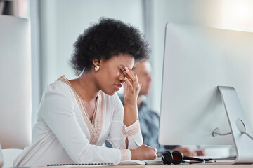 Wall Mural - Tired, headache and woman on computer in office workspace with job depression, burnout and mental health risk. Business person working on desktop with workplace noise and stress, fatigue or migraine