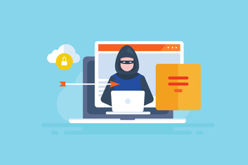 Wall Mural - cloud security software protecting data server network system from hacker attack, vector illustratio