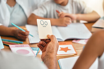 Sticker - Learning, cards and parents with children and alphabet lesson for language, study and letter. School, homework and help with family at table and teaching for reading tutor, literacy and phonics