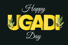 Happy Ugadi Greeting Card. Happy Ougadi With Creative Kalash And Puja Thali