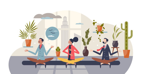 Employee wellness program or company stress free activity tiny person concept, transparent background. Yoga or meditation in workplace or office for worker satisfaction, health.