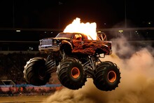 Monstrer Truck In Action, Jumping Over Other Cars On High Speed, On A Monster Truck Show, With Fire, Big Crowd, And A Lot Of Emotion And Destruction In The Night, Generative Ai