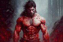 Portrait Of A Werewolf Man In Blood In Forest. Generative AI Illustration