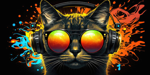 Wall Mural - Cool neon party dj cat in headphones and sunglasses, generative ai
