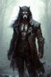 male werewolf with head of wolf in a dark foggy forest. Generative AI illustration