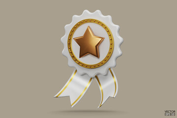 3D quality guarantees a medal with a star and ribbon. White badge warranty icon isolated on beige background. Realistic graphics Certificate Badge icon, award badge. 3D vector illustration.