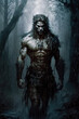 werewolf man in dark foggy forest. Generative AI illustration