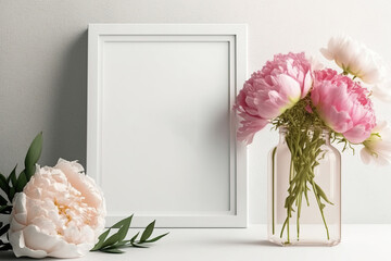 Wall Mural - Mockup with pink peonies in a vase and a white frame on a light background. Generative AI