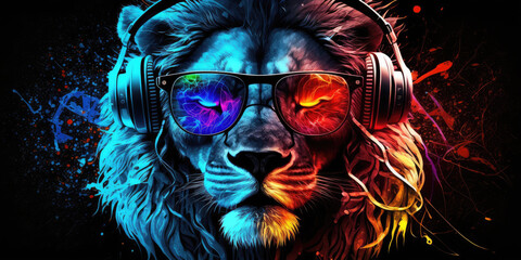 Wall Mural - Cool neon party dj lion in headphones and sunglasses, generative ai