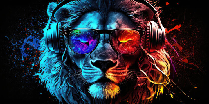 Cool neon party dj lion in headphones and sunglasses, generative ai