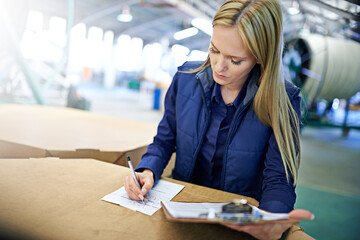 Poster - Getting the manifest in order. a manager sorting paperwork while standing on the factory floor.