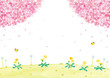 春の風景　桜とたんぽぽ　水彩イラスト