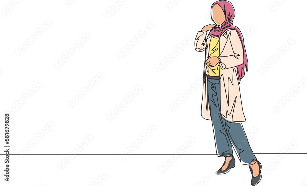 One single line drawing of young happy beauty muslimah wearing ...