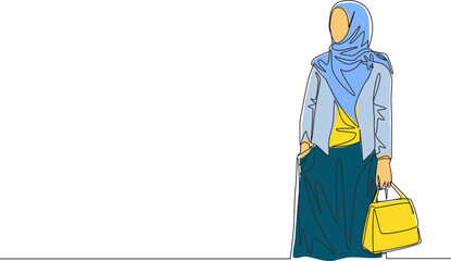 Wall Mural - One single line drawing of young attractive happy muslimah wearing veil and holding pocket bag on hand. Beautiful woman in trendy hijab fashion concept continuous line draw design vector illustration