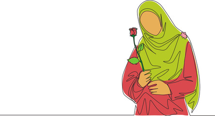 Wall Mural - Single continuous line drawing of young happy cute muslimah with headscarf holding a flower rose. Beauty Asian woman model in trendy hijab fashion concept one line draw design vector illustration