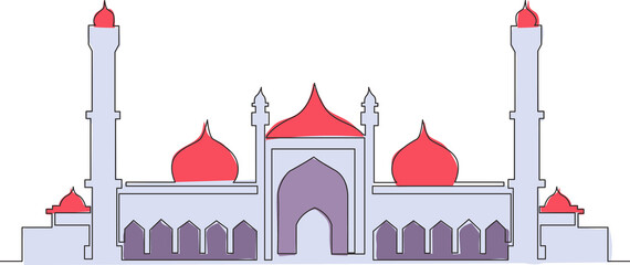 Wall Mural - Single continuous line drawing of Islamic historical landmark masjid or mosque. Historical construction that use as a place of pray for Islamic person concept one line draw design vector illustration