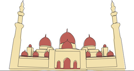 Wall Mural - One continuous line drawing of Islamic historical landmark masjid or mosque. The ancient building that works as a place of worship for muslim person concept single line draw design vector illustration