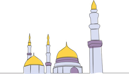 Wall Mural - One continuous line drawing of historical landmark dome mosque or Masjid An Nabawi. Ancient building works as a place of worship for muslim person concept single line draw design vector illustration