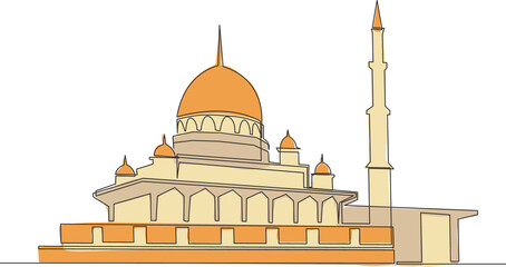 Wall Mural - One continuous line drawing of Islamic historical landmark masjid or mosque. The ancient building that works as a place of worship for muslim person concept single line draw design vector illustration