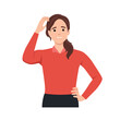 Young woman scratching her head. Puzzled girl scraping hair, feeling doubt or hesitating. Question and doubt concept, human expression and body language concept. Flat vector illustration isolated on w