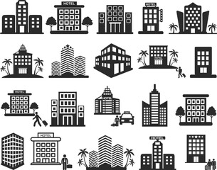 Hotel and building icon set, 20 business building icon set black vector