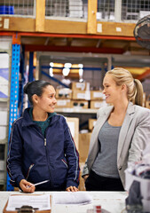 Poster - Company esprit de corps. a woman in distribution warehouse.