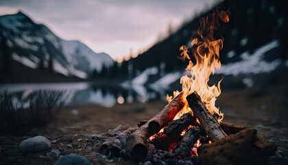 close up campfire with bright flame. stunning scenery mountains landscape. outdoor background. ai ge
