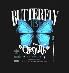 butterfly slogan with blue morpho butterfly vector illustration on black background