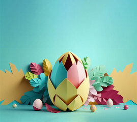 Wall Mural - Happy Easter greetings banner light pastel blue background with copy space, egg of colorful paper art. Generative AI illustration