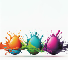 Wall Mural - Happy Easter greetings poster white background with copy space, eggs splash on colorful paint. Generative AI illustration