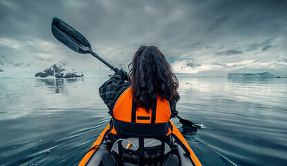 female kayaker paddling through calm water of antarctica with beautiful moody snowy landscape