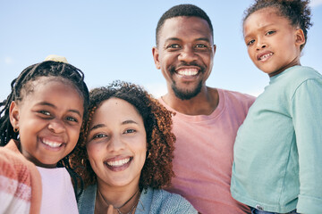 Poster - Love, blue sky portrait or happy black family on holiday for peace, freedom and outdoor quality time together. Nature sunshine, face happiness or Nigeria children, father and mother smile on vacation